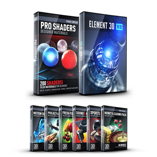 Video Copilot Element Studio Bundle (E3D, Motion Design Pack 1, Pro Shaders 1 & 5 3D Model Packs)